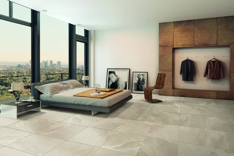 Camera da letto con pavimento in gres 60x60 beige effetto pietra
